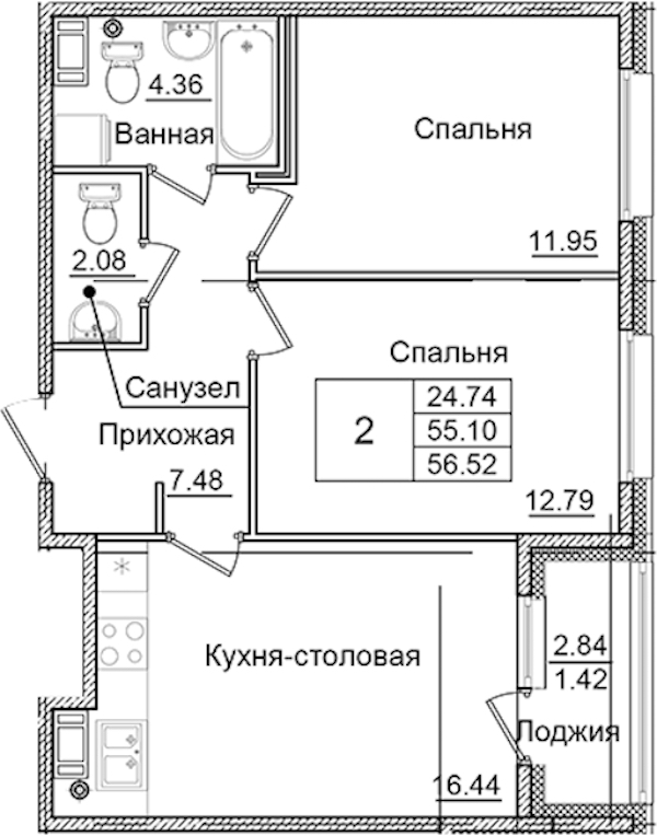 2-комнатная квартира 56.52 м², 9/9 эт., ЖК «Квартал Заречье»